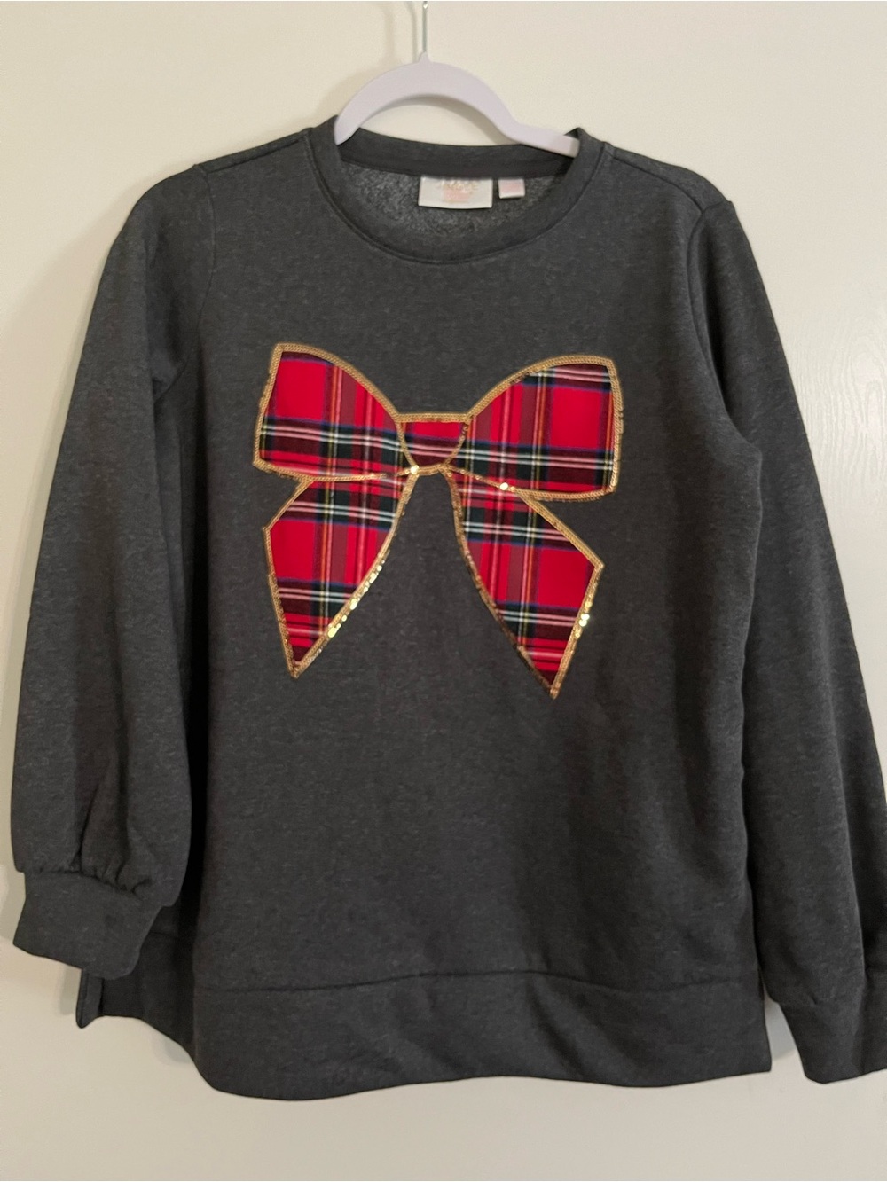 Jingle Belles by Kim Gravel Christmas Sweatshirt with Red Plaid Bow